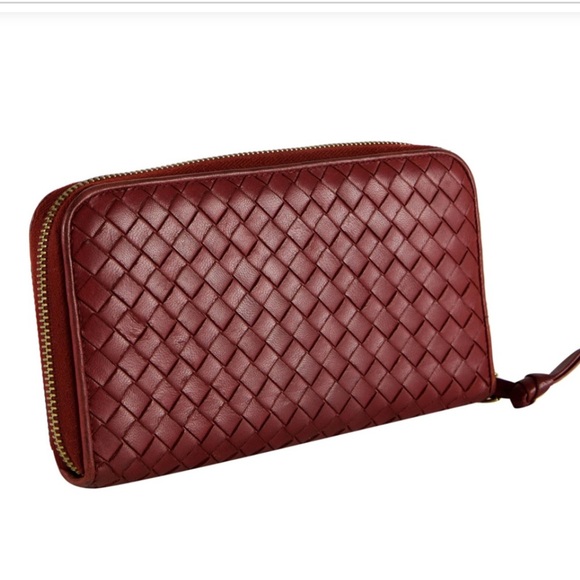 BOTTEGA VENETA MAROON INTRECCIATO NAPPA ZIP AROUND WALLET